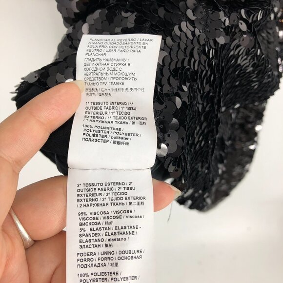 NWT PINKO Black Long Sleeve Stretch Asymmetric Hem Mini Sequin Dress Sz 12/EU 44 - Picture 12 of 16